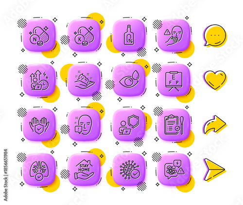 Alcohol free, Skin care and Shield line icons. App 3d buttons. Social media comment, share, like icons. Pack of Vision board, Eye drops, Vitamin k icon. Vector