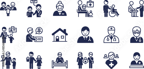 Dark blue icons of healthcare roles including family care, medical professionals, patient support, and clinic interactions