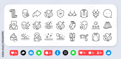 Problem skin, Sunscreen and Shirt line icons pack. Social media: share, comment, like icons. Skin care, Uv protection, 24 hours web icon. Hoody, Vitamin b6, Lingerie pictogram. Vector