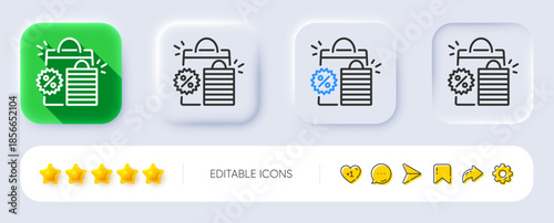 Discount line icon. Neumorphic, Flat shadow, 3d buttons. Sale shopping bags sign. Clearance symbol. Line shopping bags icon. Social media icons. Vector