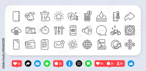 New message, Smartphone buying and Report line icons pack. Social media: share, comment, like icons. Loud sound, Video conference, Computer fan web icon. Phone, Twinkle star, Reload pictogram. Vector