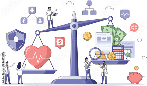 Healthcare and finance balance illustration with scale, heart, money, and professionals for wellness and economic-themed design use.
