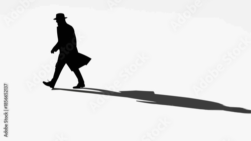 Silhouette of a man in a hat and trench coat walking casting a long shadow.