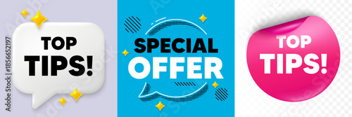 Top tips speech bubble. 3d sparkles chat, Paper sticker. Top tips tag. Education faq sign. Best help assistance. Special offer bubble. Halftone dots pattern. Vector