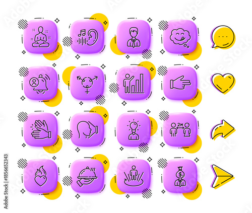 Businessman, Face id and Genders line icons. App 3d buttons. Social media comment, share, like icons. Pack of Yoga, Augmented reality, Heart flame icon. Vector