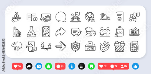 Equality, Equity and Chemistry lab line icons pack. Social media: share, comment, like icons. Documentation, Chef, Gas cylinder web icon. Social responsibility, Confirmed, Realtor pictogram. Vector
