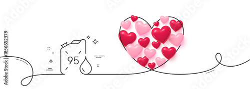 Petrol canister line icon. Continuous line big heart. 95 petroleum fuel sign. E10 gasoline container symbol. 3d hearts in heart shaped loop. Petrol canister single line ribbon. Vector