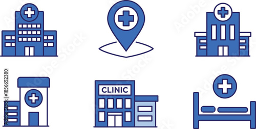Blue and white icons of hospitals, clinics, healthcare locations, and inpatient care beds with medical cross symbols