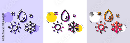 Weather line icon. Halftone dotted pattern. Gradient icon with grain shadow. Winter snowflake sign. Sun and rain symbol. Line weather icon. Various designs. Vector