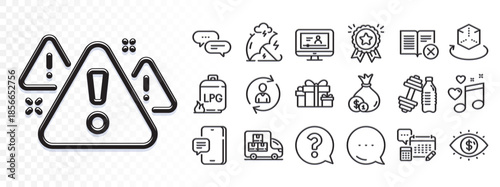 Phone message, Warning and Person info line icons for web app. Glare of light effect. Message icon. Pack of Online video, Account, Dots message pictogram icons. Vector