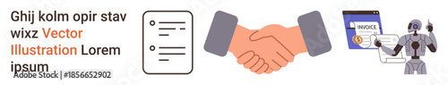 Business ethics, automation, AI applications, invoicing, financial transactions, collaboration. Handshake, robot document and invoice imagery. Business ethics and automation concept