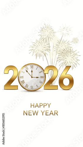 Golden 2026 new year greeting with midnight clock and fireworks background