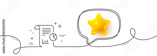 Report line icon. Continuous line with 3d star. Business management sign. Company statistics symbol. 3d star in speech bubble. Report single line ribbon. Loop curve pattern. Vector