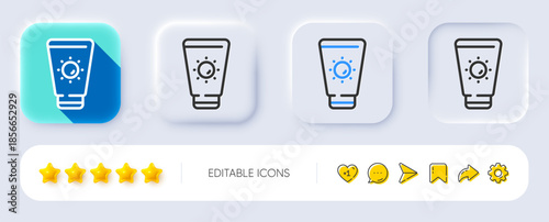 Sunscreen line icon. Neumorphic, Flat shadow, 3d buttons. Sun cream sign. Sunblock lotion symbol. Line sunscreen icon. Social media icons. Vector