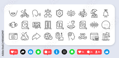 Human sing, Annual tax and Seo analytics line icons pack. Social media: share, comment, like icons. Hot sale, Search, Organic tested web icon. Vector
