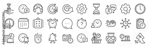Time line icons. Settings gear, Message, Inflation icons. Set of Calendar, Time management timer and Delivery service linear icons. Checklist, Stopwatch timer and hourglass. Vector
