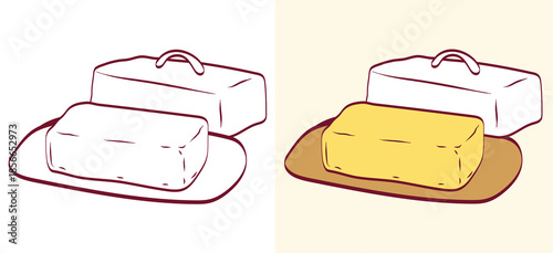 Rustic hand-drawn illustration of a butter dish with lid. Includes a simple line art sketch and a colored version, perfect for organic food branding and cookbook designs.