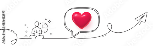 Yoga line icon. Continuous line with share plane. Meditation pose sign. Relax body and mind symbol. 3d heart in speech bubble. Yoga single line ribbon. Loop curve pattern. Vector