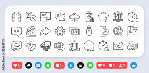 Seo phone, Card and Headphones line icons pack. Social media: share, comment, like icons. Qr code, Chemistry lab, Swipe up web icon. Radiator, Delivery route, Question mark pictogram. Vector