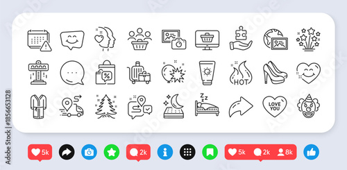 Buyers, Puzzle and Attraction line icons pack. Social media: share, comment, like icons. Clown, Hot sale, Smile chat web icon. Love you, Sunscreen, Christmas tree pictogram. Vector