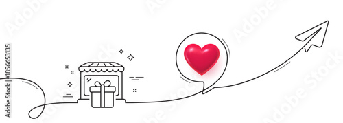 Gift shop line icon. Continuous line with share plane. Souvenirs market sign. Retail marketplace symbol. 3d heart in speech bubble. Gift shop single line ribbon. Loop curve pattern. Vector