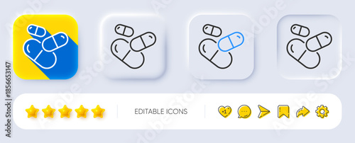 Capsule pill line icon. Neumorphic, Flat shadow, 3d buttons. Medical drugs sign. Pharmacy medication symbol. Line capsule pill icon. Social media icons. Vector