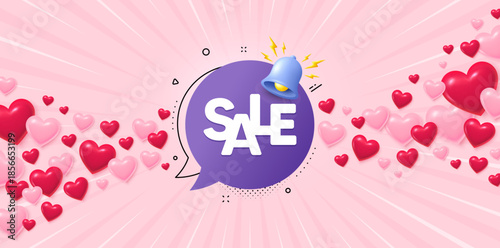 Sale banner love banner with 3d hearts. Sunburst flare background. Sale banner with 3d bell. Discount offer alert. Coupon badge icon. Valentines day greeting card. Vector