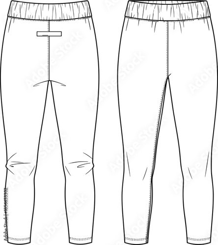 Front and back view jogger pants technical fashion vector illustration outline template for women casual apparel design flat sewing garment