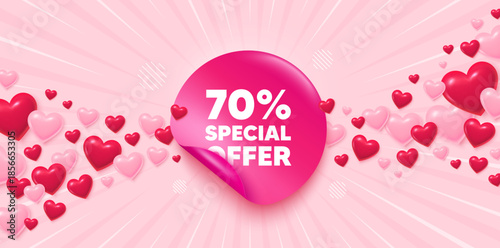 Discount sticker love banner. Sunburst ray background. 70 percent discount offer tag. Sale price promo sign. Special offer symbol. Valentines day greeting card. Promo background. Vector
