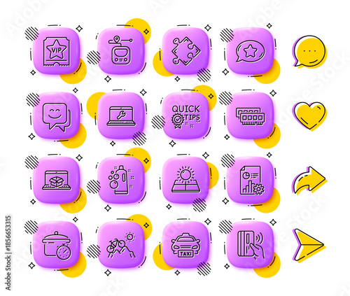 Taxi, Sun energy and Clean bubbles line icons. App 3d buttons. Social media comment, share, like icons. Pack of Metro, Boiling pan, Laptop repair icon. Strategy, Report, Vip ticket pictogram. Vector