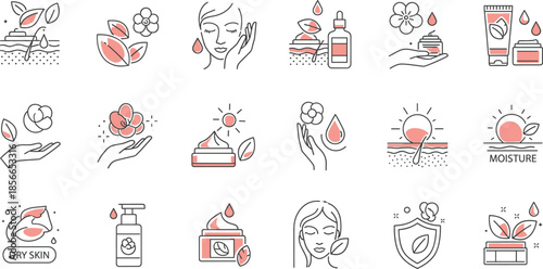 Skincare and beauty icon set with hydration, natural ingredients, and product symbols in soft red and beige accents.
