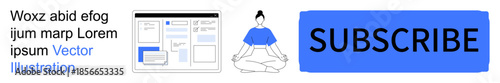 Digital marketing, subscription services, lifestyle balance, mindfulness, user interface design, online engagement. Abstract figure meditating beside UI elements and subscribe button. Digital