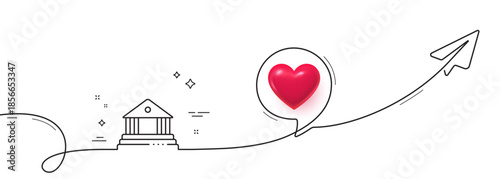 Court building line icon. Continuous line with share plane. City architecture sign. Courthouse, government symbol. 3d heart in speech bubble. Court building single line ribbon. Vector