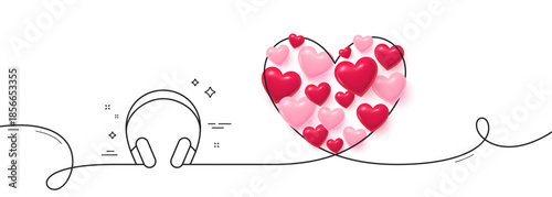 Headphones line icon. Continuous line big heart. Music listening device sign. DJ or Audio symbol. 3d hearts in heart shaped loop. Headphones single line ribbon. Loop curve pattern. Vector