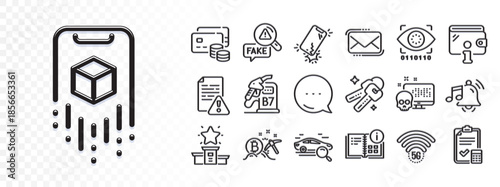Diesel station, Smartphone broken and Keys line icons for web app. Glare of light effect. Message icon. Pack of Instruction manual, Accounting checklist, Wallet pictogram icons. Vector