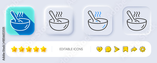 Cook line icon. Neumorphic, Flat shadow, 3d buttons. Hot bowl with spoon sign. Food meal symbol. Line cook icon. Social media icons. Vector