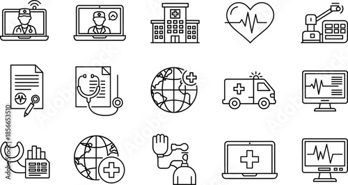 Black line icons of telemedicine, hospital, heart rate, robotic surgery, global health, and medical equipment in rounded squares