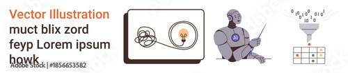 Artificial intelligence, data analysis, problem-solving, innovation, automation, technology education. Image features a robot, tangled line with lightbulb and data funnel. Artificial intelligence