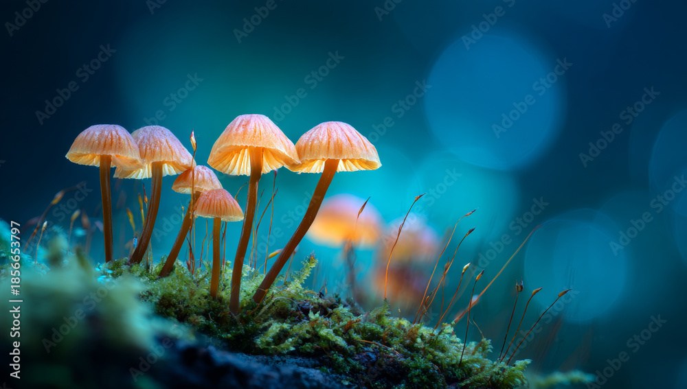 Fototapeta premium Cluster of small orange-brown fungi with delicate gills and slender stems growing on a mossy surface in a vibrant, blurred forest background
