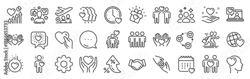Friendship and love line icons. Settings gear, Message, Inflation icons. Interaction, Mutual understanding and assistance business. Trust handshake, social responsibility, mutual love icons. Vector
