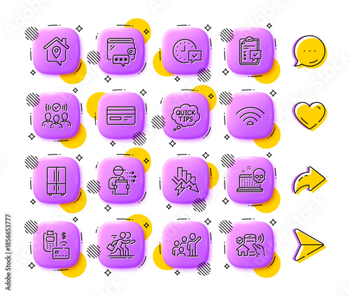 Saving electricity, Cyber attack and Wifi line icons. App 3d buttons. Social media comment, share, like icons. Pack of Pos terminal, Quick tips, Leadership icon. Vector