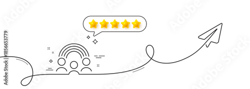 Inclusion line icon. Continuous line with share plane. Equity culture sign. Gender diversity symbol. Five star rate review in speech bubble. Inclusion single line ribbon. Loop curve pattern. Vector