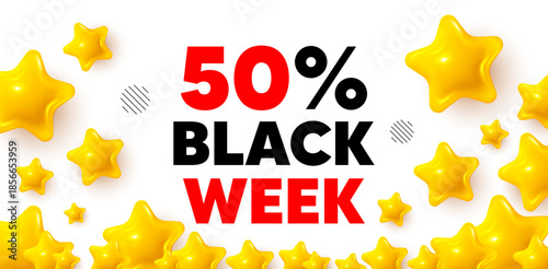 Black week winner banner with 3d stars. Golden stars banner. Black week 50 percent sale. Special discount sign. Black friday offer symbol. Review rate background. Vector