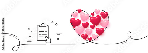 Clipboard document line icon. Continuous line big heart. Agreement file sign. Survey record symbol. 3d hearts in heart shaped loop. Clipboard single line ribbon. Loop curve pattern. Vector