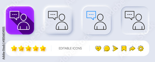 User communication line icon. Neumorphic, Flat shadow, 3d buttons. Person with chat speech bubble sign. Human silhouette symbol. Line users chat icon. Social media icons. Vector
