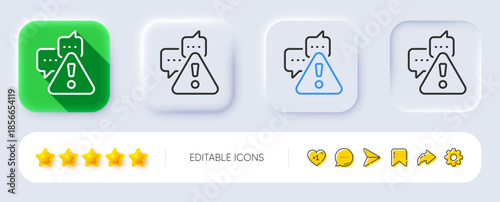 Warning line icon. Neumorphic, Flat shadow, 3d buttons. Attention triangle sign. Caution alert symbol. Line warning icon. Social media icons. Vector