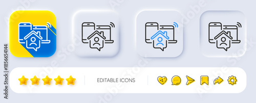 Work at home line icon. Neumorphic, Flat shadow, 3d buttons. Freelance job sign. Remote office employee symbol. Line work home icon. Social media icons. Vector