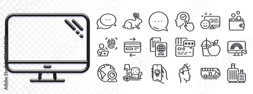 Computer, Computer fingerprint and Brand ambassador line icons for web app. Glare of light effect. Message icon. Pack of Passport document, Electric app, Baggage pictogram icons. Vector