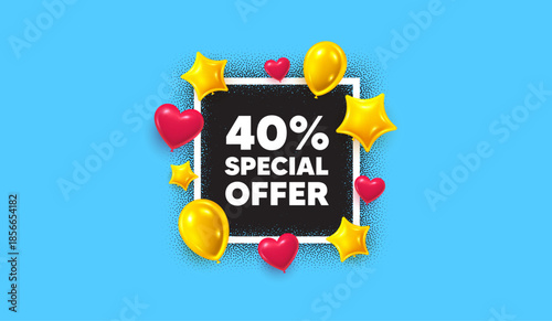 Discount photo frame banner. Square picture frame. 40 percent discount offer tag. Sale price promo sign. Special offer symbol. 3d balloons as hearts and stars. Vector