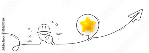 Inspect line icon. Continuous line with share plane. Builder quality sign. Constructor verification symbol. 3d star in speech bubble. Inspect single line ribbon. Loop curve pattern. Vector